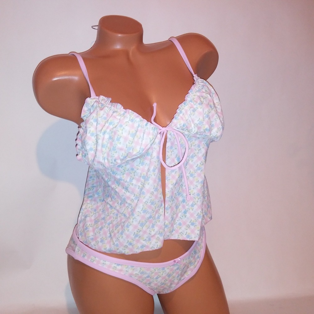 Victoria Secret PINK Swim Bikini Large Top & Bottom Pink Blue White Floral New